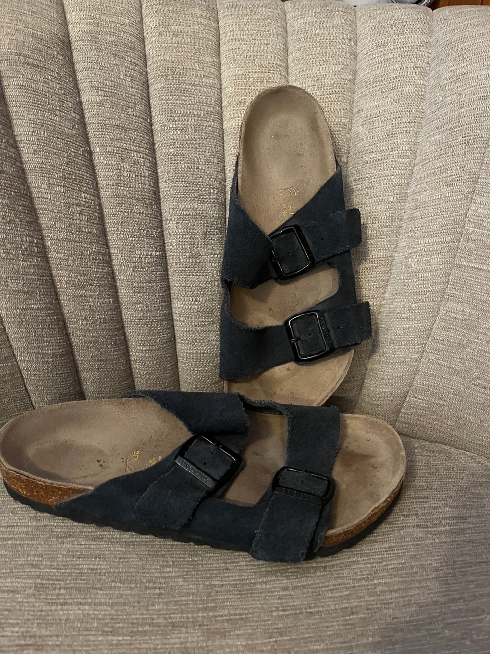 Men’s Birkenstock Blue Suede Two-Strap Slide Sandals